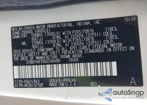 2006 Toyota Tundra Limited V8 из США, поврежденный, VIN 5TBDT48156S548488